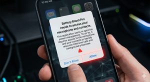  iOS permission popup showing a battery app requesting microphone and contacts access as a red flag example A flashlight or battery app that wants microphone access is a red flag the App Store review catches this. Unofficial stores don't.