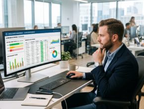 IT manager reviewing enterprise mobile app distribution dashboard on office monitor
