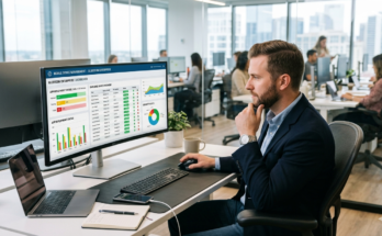 IT manager reviewing enterprise mobile app distribution dashboard on office monitor