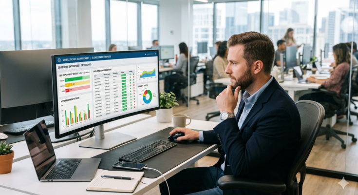 IT manager reviewing enterprise mobile app distribution dashboard on office monitor