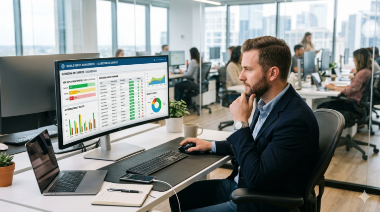 IT manager reviewing enterprise mobile app distribution dashboard on office monitor