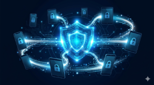 Glowing security shield protecting corporate data across enterprise employee mobile devices Enterprise distribution keeps your proprietary app logic off public servers — but it also makes your IT team the last line of defense.