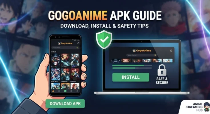 GogoAnime APK guide banner showing Android app, installation, download, and safety tips for anime streaming users.